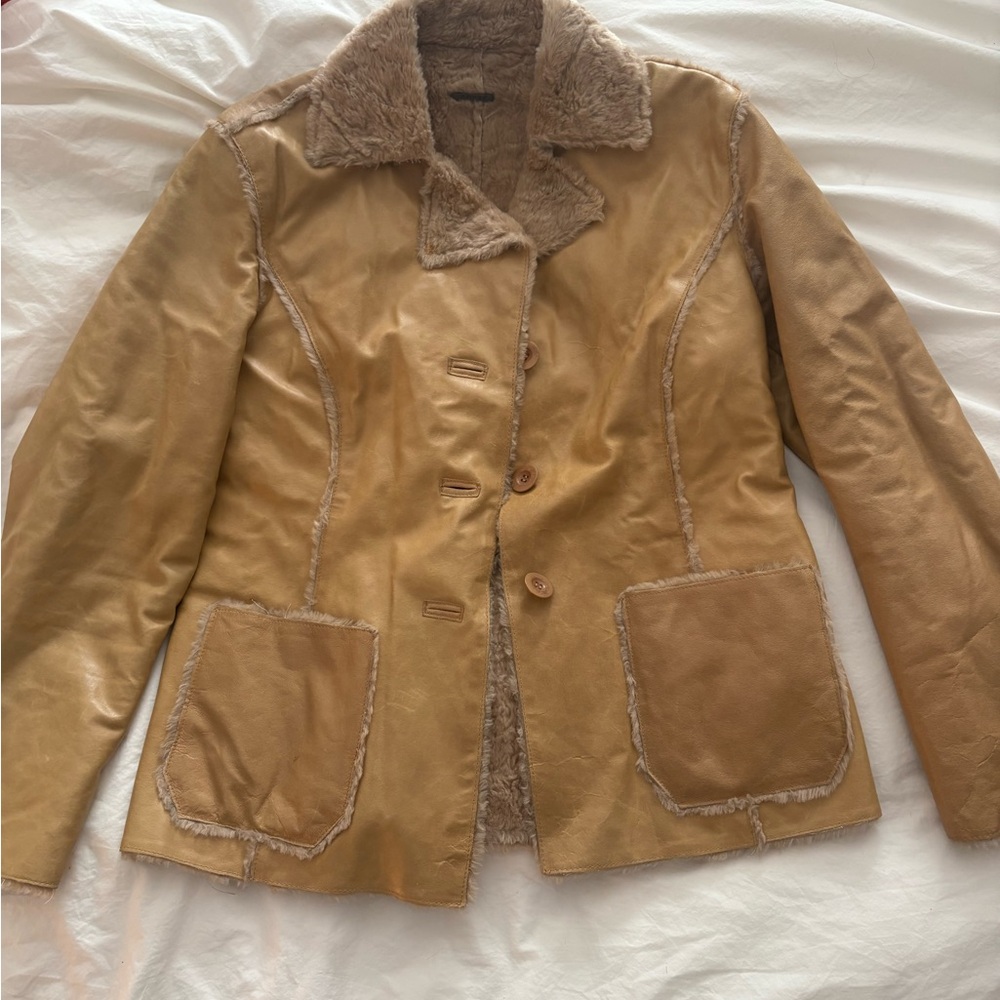 Vintage Y2K Guess Camel Leather Shearling Jacket